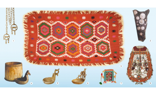 Биҙәү-ҡулланма сәнғәте. 1. Сылбыр. Ағас. Һырлау. БДХМ; 2. Уҡ-һаҙаҡ өсөн ҡумта. Күн, металл. БР Милли музейы; 3. Ашъяулыҡ. Йөн. Төрлө техникала туҡыу. БДХМ; 4. Бал, май һаҡлау өсөн һауыт һәм ҡымыҙ ҡойоу өсөн ижау. Ағас. Һырлау. “Оҙайлы һаҡлауҙар фонды” ААЙ